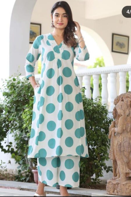 Turquoise Dot Printed Cotton Kurta Pant
