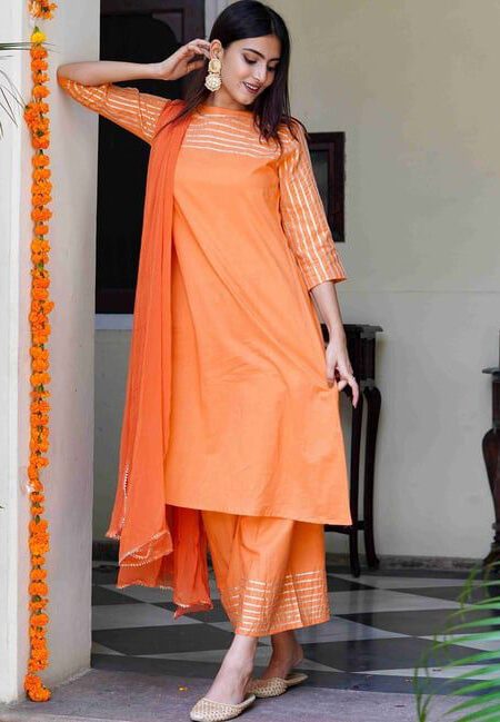 Orange With Golden Lines Cotton Kurta Pant
