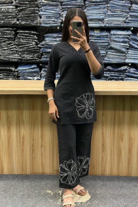 Pure Cotton Slub With Thread  Work Co-ord Set