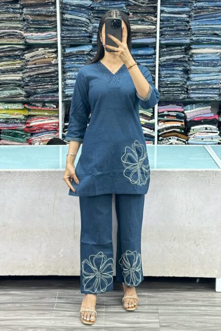 Pure Cotton Slub With Thread  Work Co-ord Set