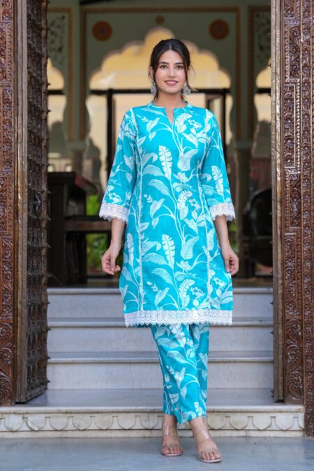 Trending leaves Print Cotton Kurta Trouser Set