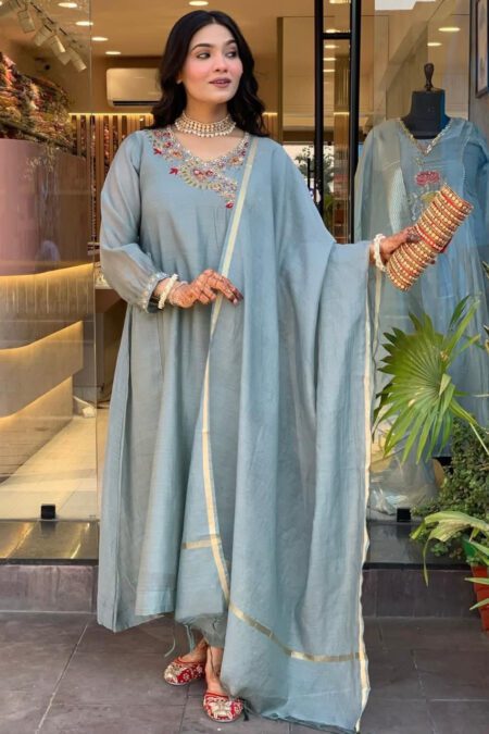 Beautiful Cotton Fabric Angrakha Kurti Pant & Dupatta Set