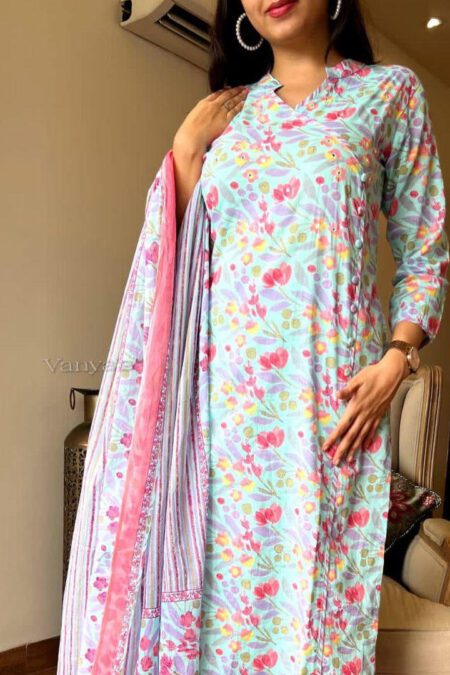 Beautiful Fine Cotton Fabric With Flower Print Kurta Pant