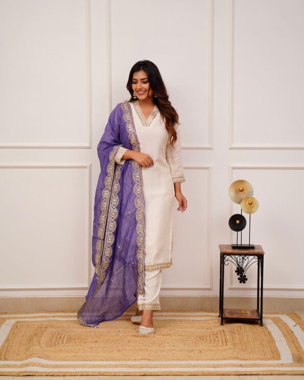 Heavy Chanderi Suit Set for Women | Purple Lace Dupatta