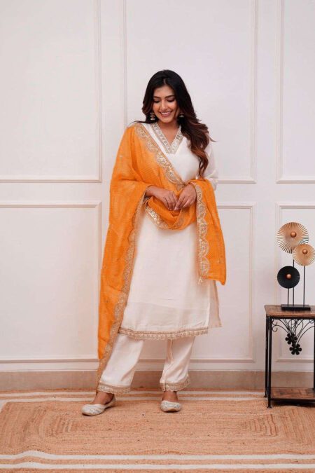 Heavy Chanderi Suit Set With Mustard Lace Dupatta