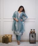 Roman Silk Beautiful Mirror & Thread Embroidery Work With Organza Dupatta