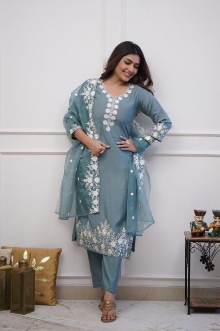 Roman Silk Beautiful Mirror & Thread Embroidery Work With Organza Dupatta
