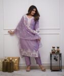 Roman Silk Beautiful Mirror & Thread Embroidery Work With Organza Dupatta