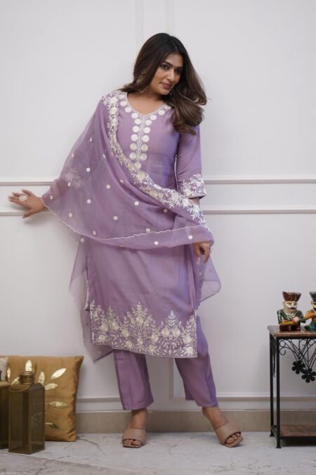 Roman Silk Beautiful Mirror & Thread Embroidery Work With Organza Dupatta