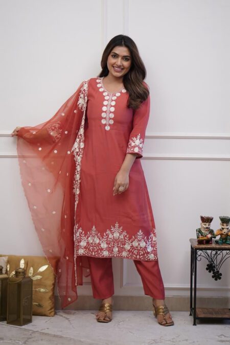 Roman Silk Beautiful Mirror & Thread Embroidery Work With Organza Dupatta