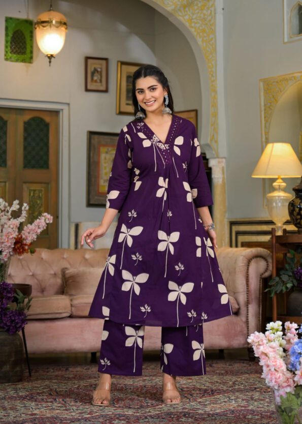 Elegant Embroidered V-Neck Border Cotton Kurta Set