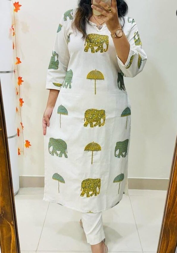 White Printed Kurta Set with Elephant & Umbrella Motifs