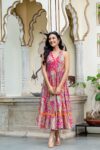 Heavy Cotton Fabric Printed Pink Full Dress