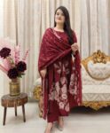 Pure Cotton kurti with self print with pant and mulmul printed dupatta