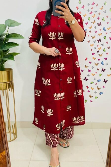 Aline pattern red Cotton Kurta and Palazzo Set