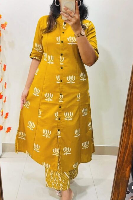 Aline pattern yellow Cotton Kurta and Palazzo Set