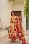 Beige & Maroon Printed Cotton Anarkali Kurta Set with Dupatta for Women | Ethnic Indian Festive Wear