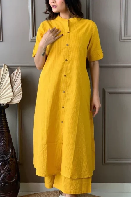 Yellow Katha Cotton Kurta and Palazzo Set