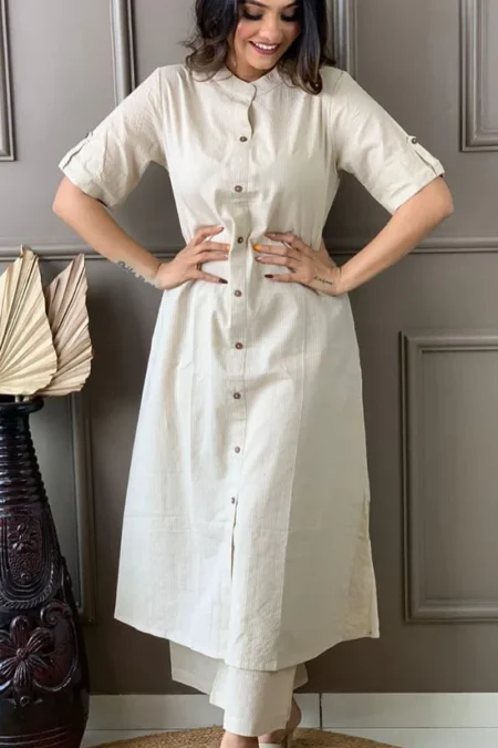 White Bush Katha Cotton Kurta and Palazzo Set