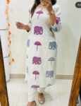 White Cotton Kurta Set with Pink & Blue Elephant-Umbrella Print