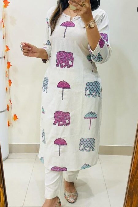 White Cotton Kurta Set with Pink & Blue Elephant-Umbrella Print