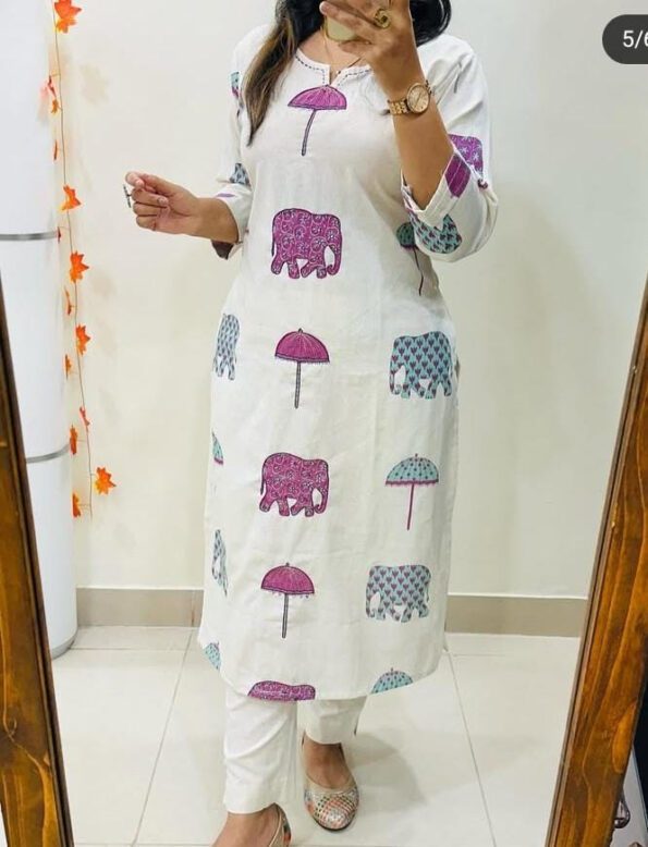 White Cotton Kurta Set with Pink & Blue Elephant-Umbrella Print