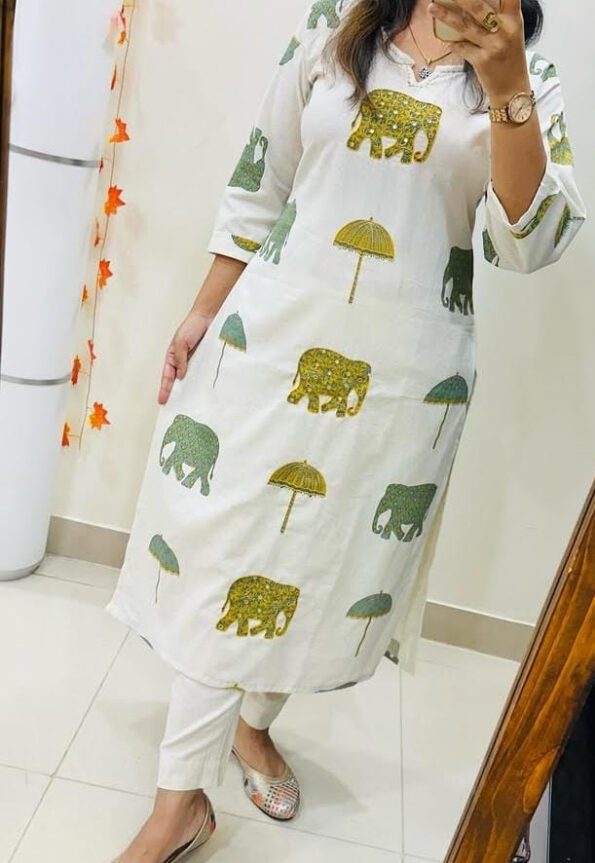 White Printed Kurta Set with Elephant & Umbrella Motifs
