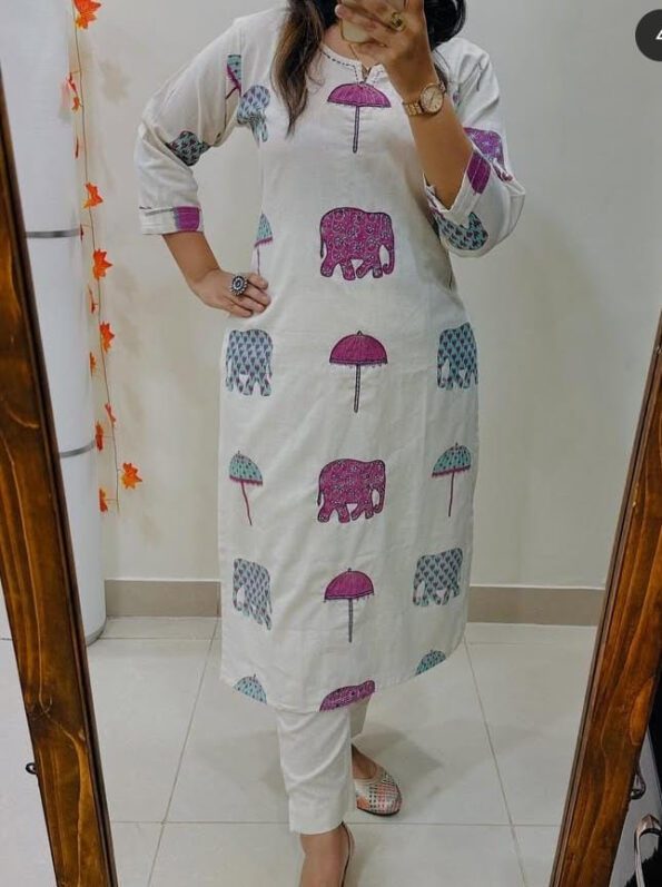 White Cotton Kurta Set with Pink & Blue Elephant-Umbrella Print