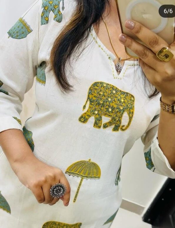 White Printed Kurta Set with Elephant & Umbrella Motifs