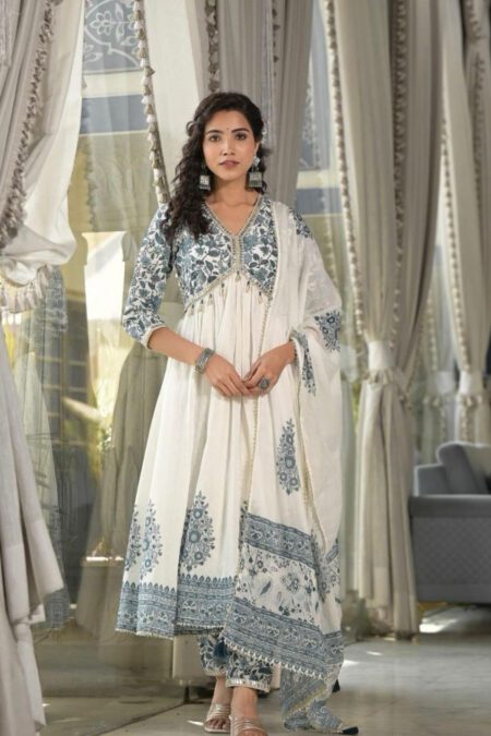 White and Blue Anarkali Kurta Set with Dupatta