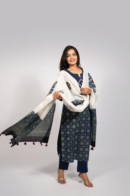 Indigo Blue Ajrakh Print Kurta Set with White Dupatta