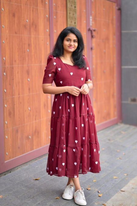 Maroon Heart Print A-Line Midi Dress