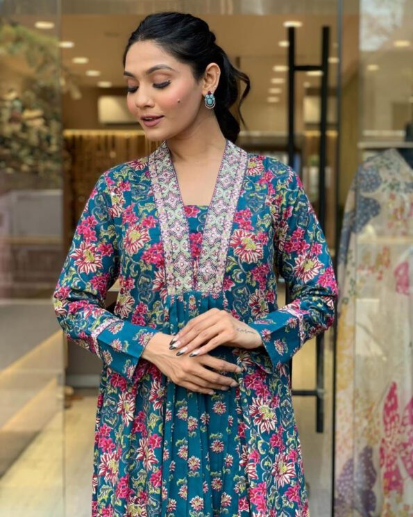 Teal Blue Floral Anarkali Suit Set with Embroidered Neckline & Dupatta