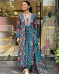 Teal Blue Floral Anarkali Suit Set with Embroidered Neckline & Dupatta