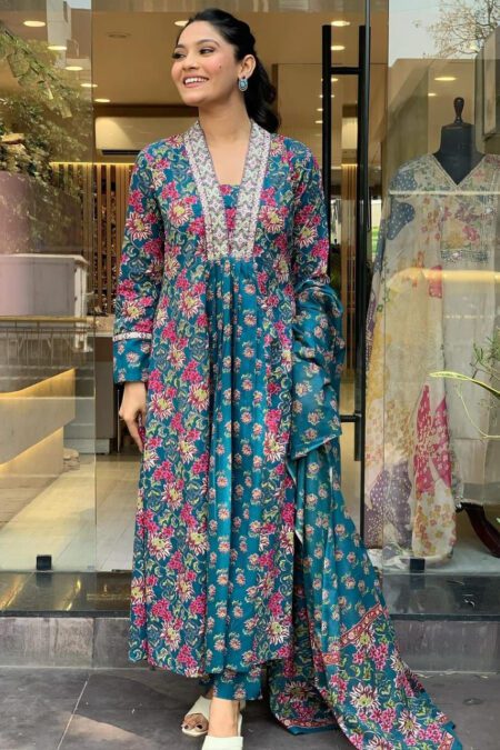 Teal Blue Floral Anarkali Suit Set with Embroidered Neckline & Dupatta