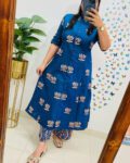 Blue Printed Button-Down Kurta with Ikat Pants