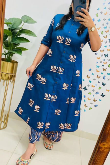 Blue Printed Button-Down Kurta with Ikat Pants