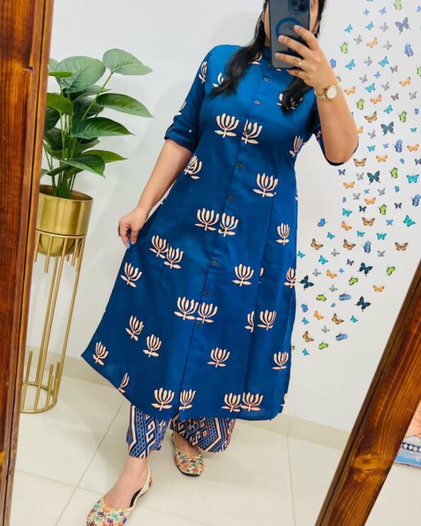 Blue Printed Button-Down Kurta with Ikat Pants