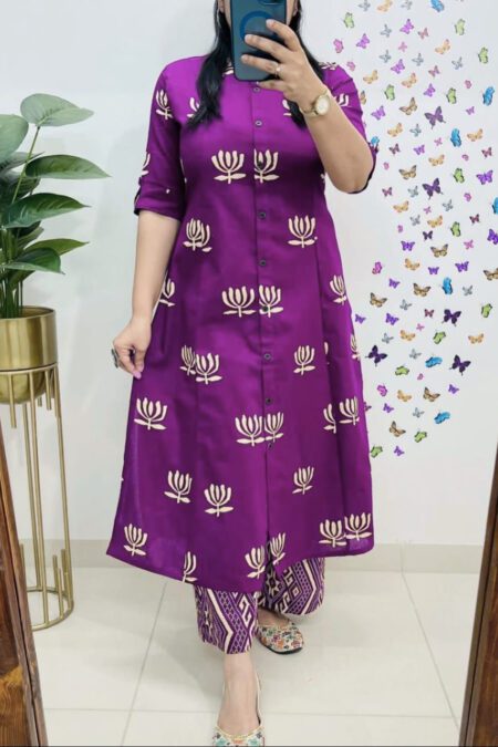 Purple Printed Button-Down Kurta with Ikat Pants