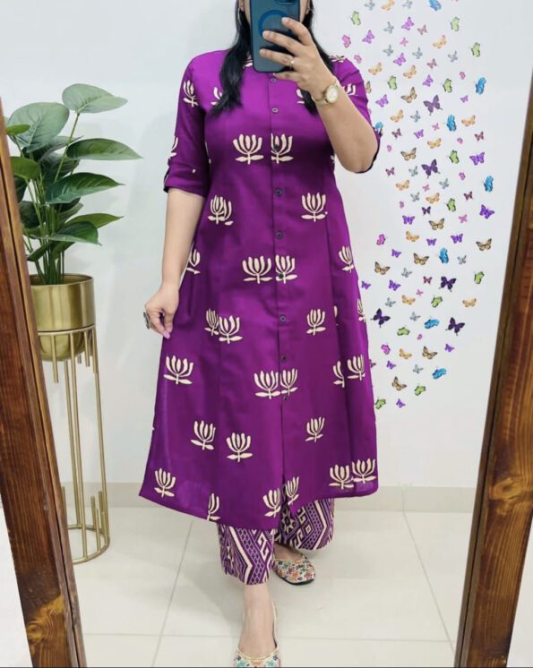 Purple Printed Button-Down Kurta with Ikat Pants