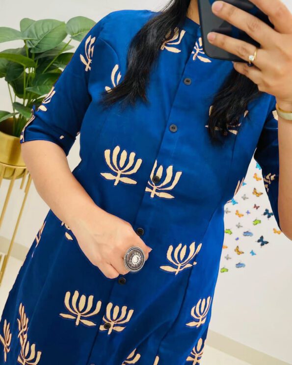 Blue Printed Button-Down Kurta with Ikat Pants