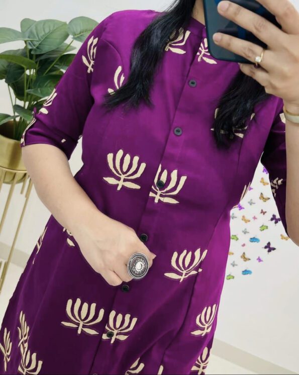 Purple Printed Button-Down Kurta with Ikat Pants