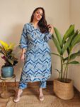 Blue Chevron Printed Cotton Kurta Set