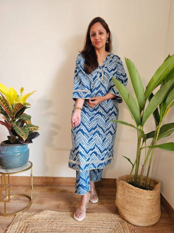 Blue Chevron Printed Cotton Kurta Set