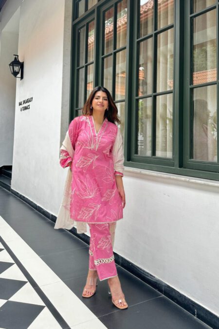 Hot Pink Floral Kurta Set with Embroidered Pants & Printed Dupatta