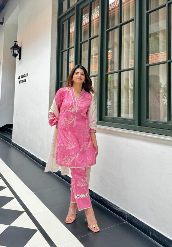 Hot Pink Floral Kurta Set with Embroidered Pants & Printed Dupatta