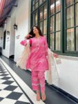 Hot Pink Floral Kurta Set with Embroidered Pants & Printed Dupatta