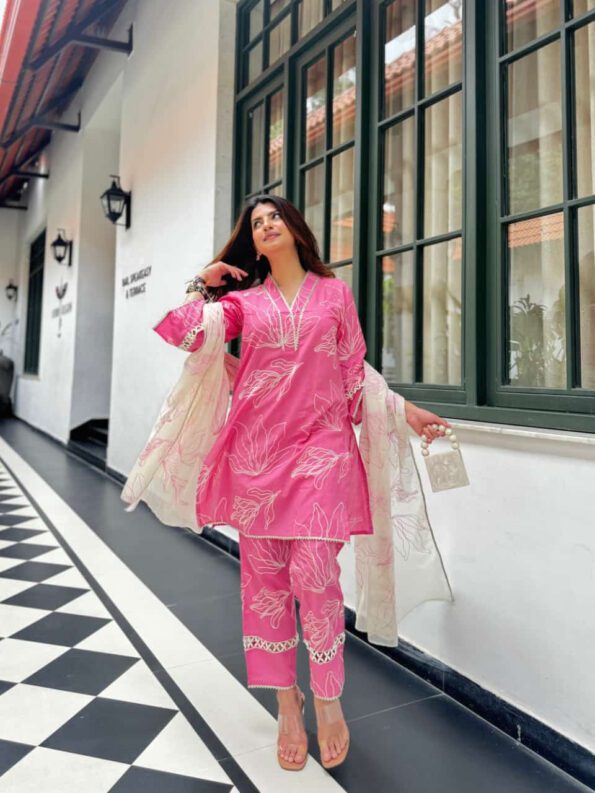 Hot Pink Floral Kurta Set with Embroidered Pants & Printed Dupatta