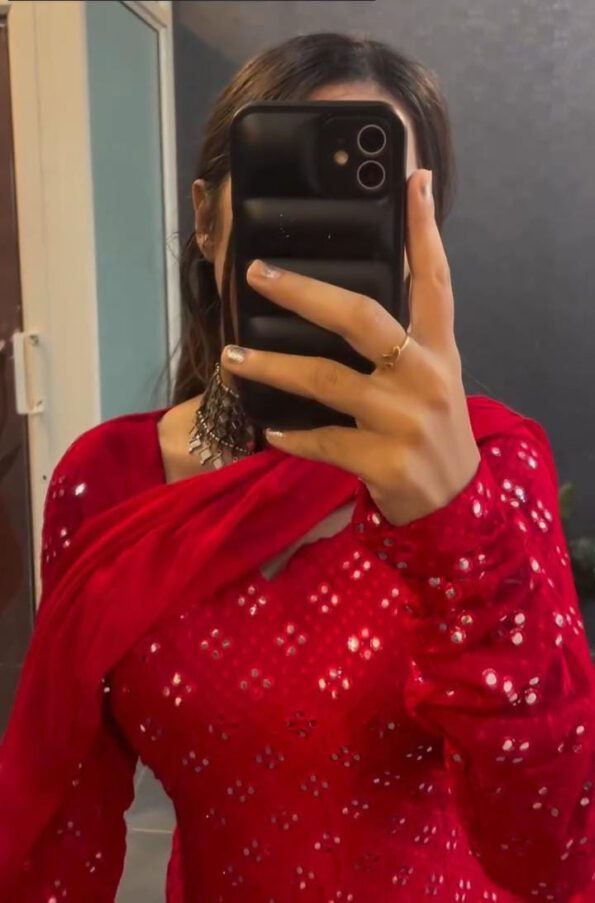 Embroidered Red Mirror Work Kurta Set with Churidar Pants & Matching Dupatta