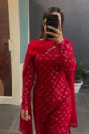 Embroidered Red Mirror Work Kurta Set with Churidar Pants & Matching Dupatta